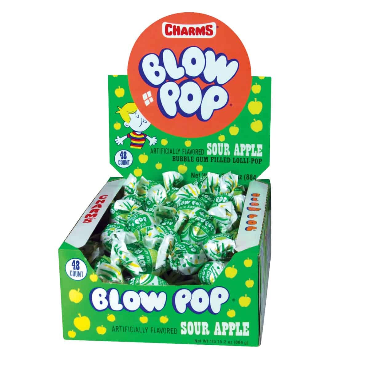 charms-blow-pop-sour-apple-box-of-48-jpg Charms Blow Pop Sour Apple Lollies 48 stuks.