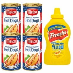 Amerikaans hot dog pakket met vier blikken Meica en een fles Amerikaanse French yellow mustard van 397 gram.
